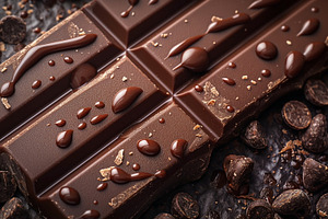 Indulgent dark chocolate with drizzled syrup, set against a back, a Food & Drink Photo by ImageMir