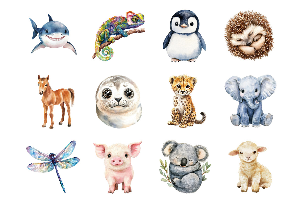 Watercolor Animals Cute Baby Animal, an Illustration by SinaCreation (Photo 2 of 7)