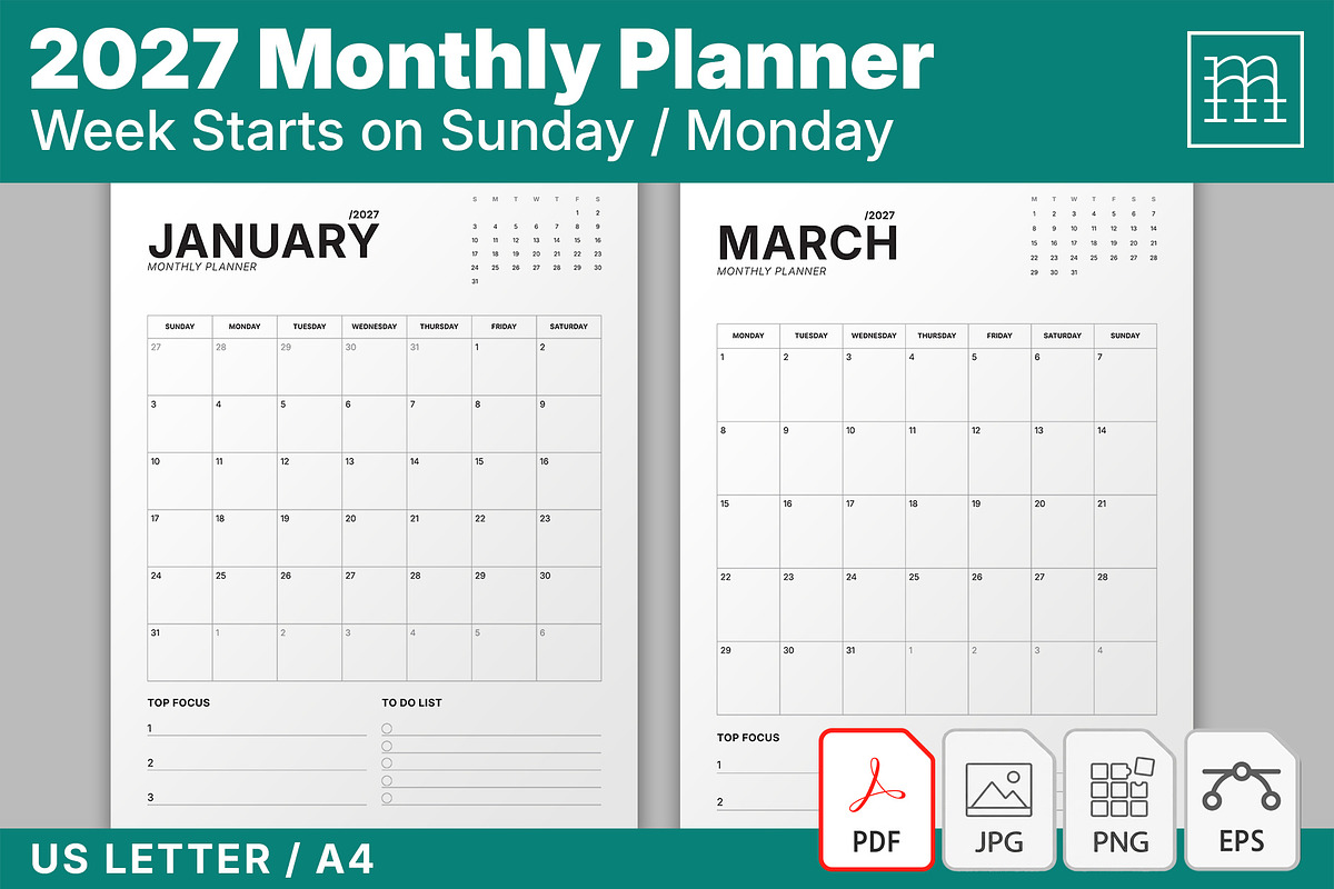 2027 Monthly Planner (MP049-27-P), a Stationery Template by mikhailmorosin (Photo 1 of 5)
