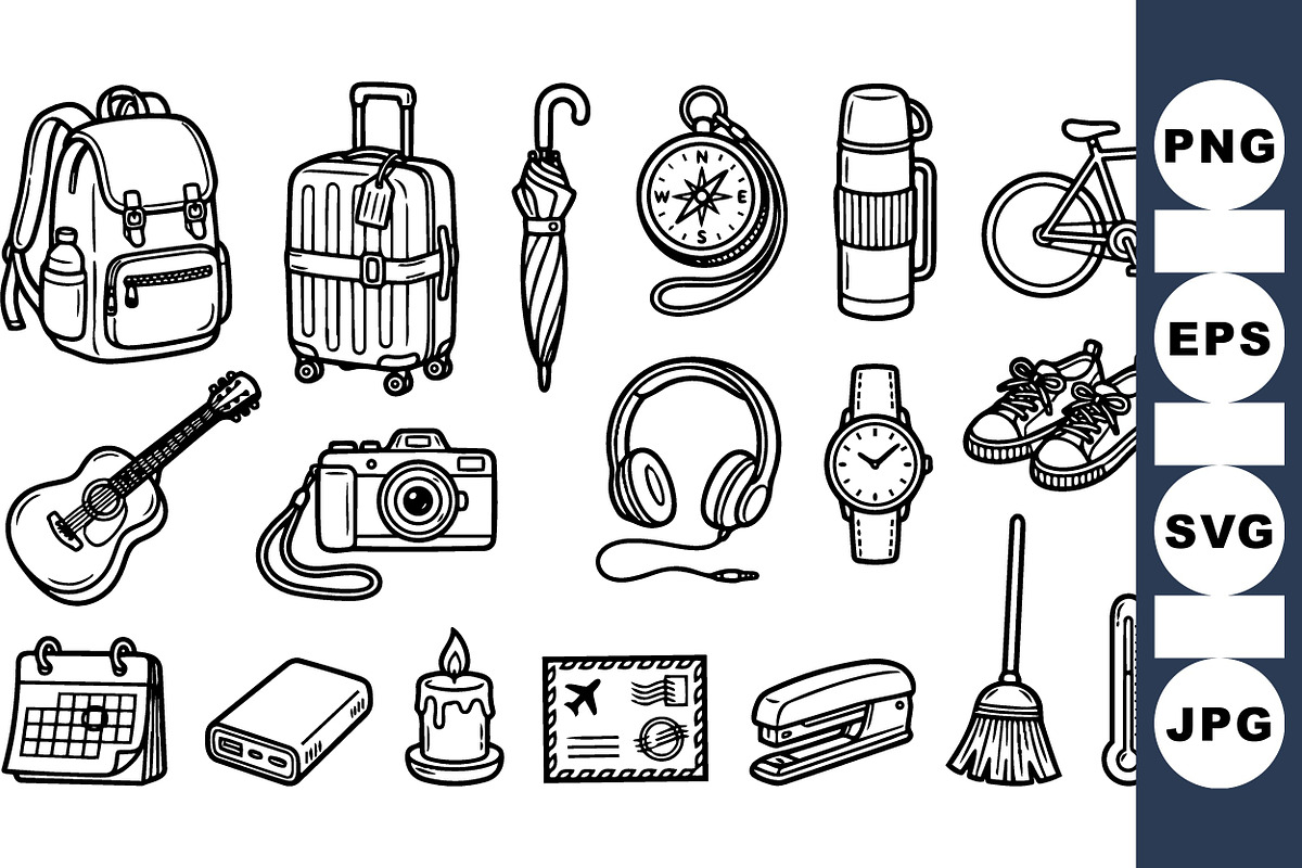 Travel Essentials Line Art Set, an Illustration by designvectx (Photo 1 of 3)