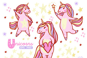 3 Pink Unicorns Cute Clipart