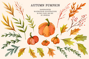 Watercolor Autumn, Pumpkin, Leaves