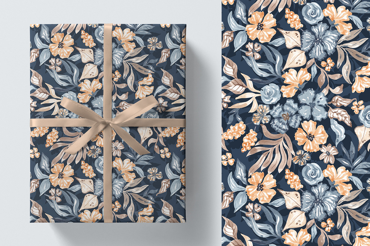Navy Watercolor Floral Pattern, a Pattern Graphic by SirenaArt (Photo 8 of 12)