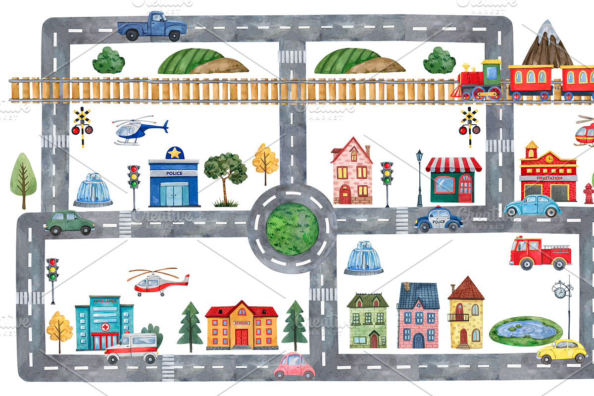 Watercolor Town Road Cars Houses PNG, a Transportation Illustration by PatternPalette (Photo 3 of 3)