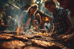 Friends grilling meat at outdoor bar, a Photo by Pixeness Studio