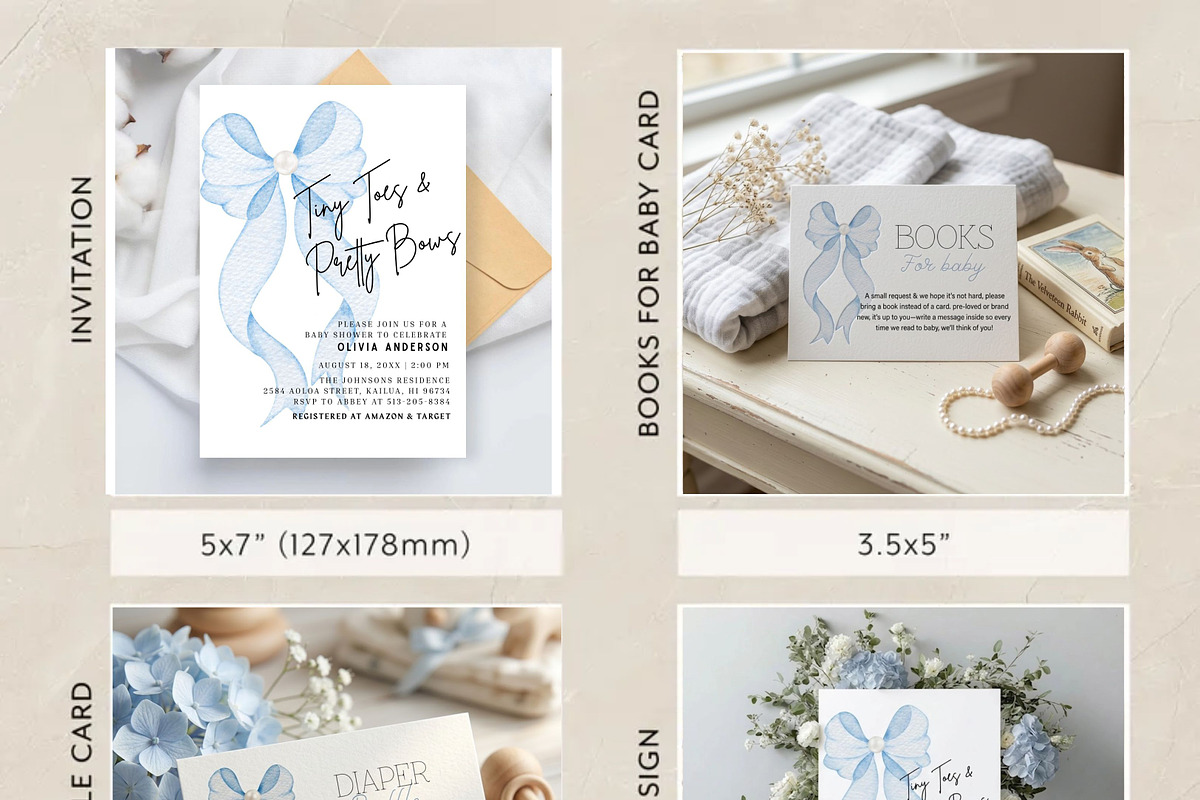 Pearl Blue Bow Baby Shower Bundle, an Invitation Template by Stellalunarts (Photo 5 of 6)