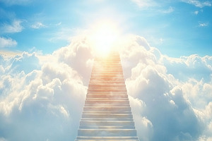 Long stair steps way to heaven through clouds in the sky, a Background Photo by AlyaAnd