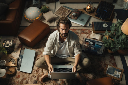 Top view of young man using laptop while sitting on floor. Male, a Person Photo by AS photostudio
