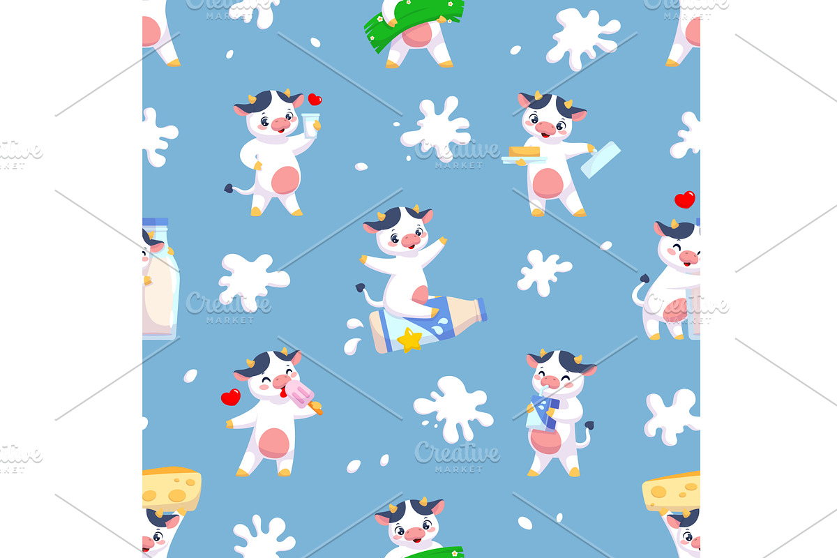 Cute cow seamless pattern. Cartoon, an Animal Illustration by YummyBuum