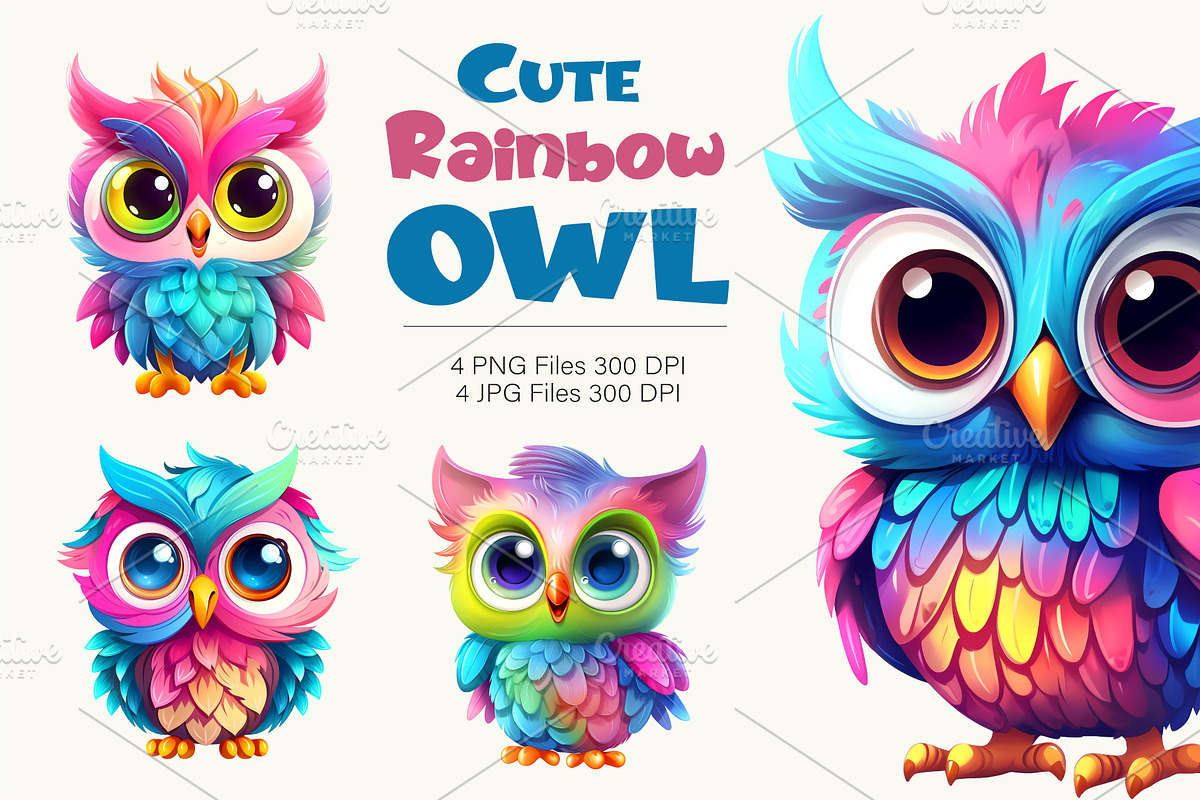 Cute rainbow owls. TShirt Sticker., an Animal Illustration by KENO Mascots (Photo 1 of 7)