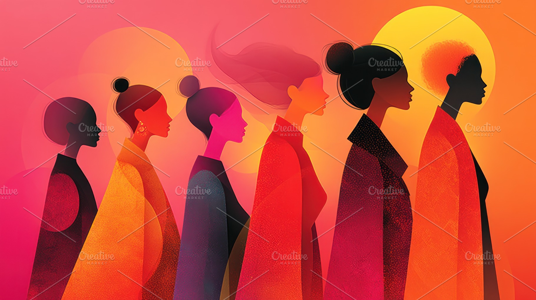 Stylized diverse women silhouettes in warm sunset colors represe, a Person Photo by José Manuel Gelpi