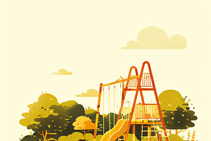 Illustration of two children playing near a colorful playground in a park, an Illustration by AS photostudio