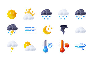 3D Weather Forecast Icons Set On