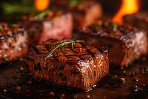 Juicy grilled steaks adorned with fresh herbs, showcasing mouthw, a Food & Drink Photo by ImageMir