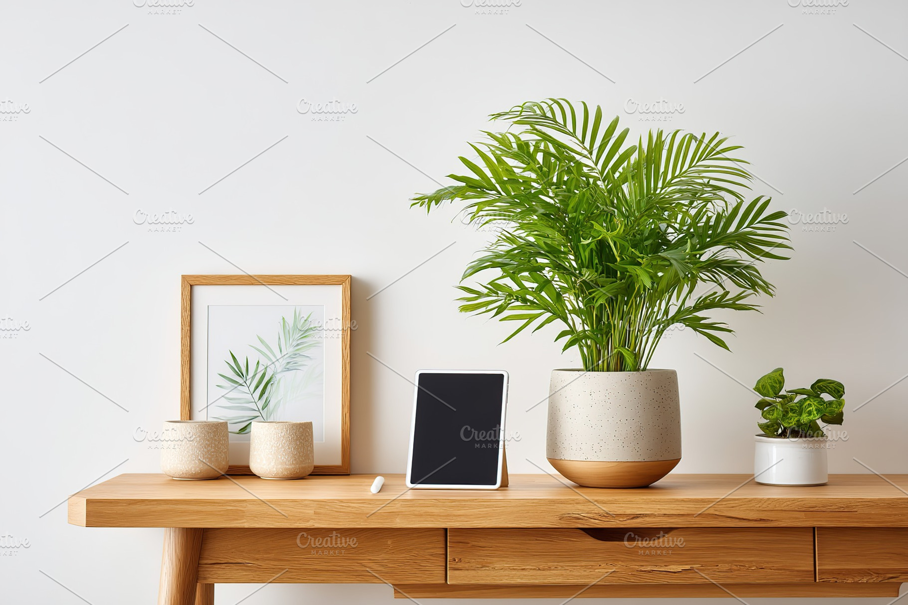 Stylish indoor plants on a wooden table with decorative items in a modern livin, a Nature Photo by AlyaAnd
