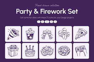 Party and Firework Doodle Set, an Outline Icon by Vectors Market