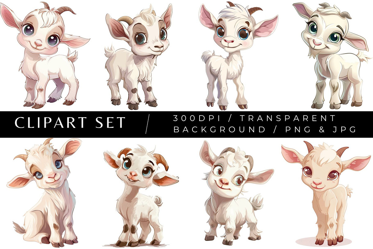 8 Baby Goat Clipart Set, an Animal Illustration by Inknfolly (Photo 1 of 6)