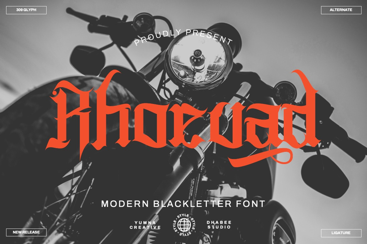 Rhoevad - Modern Blackletter Font, a Blackletter Font by Dhabee (Photo 1 of 14)