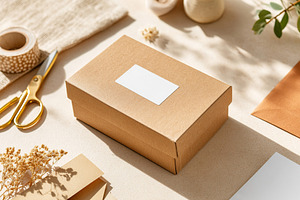 Rectangular tabletop mockup featuring a brown packaging box and crafting materi, a Photo by AlyaAnd