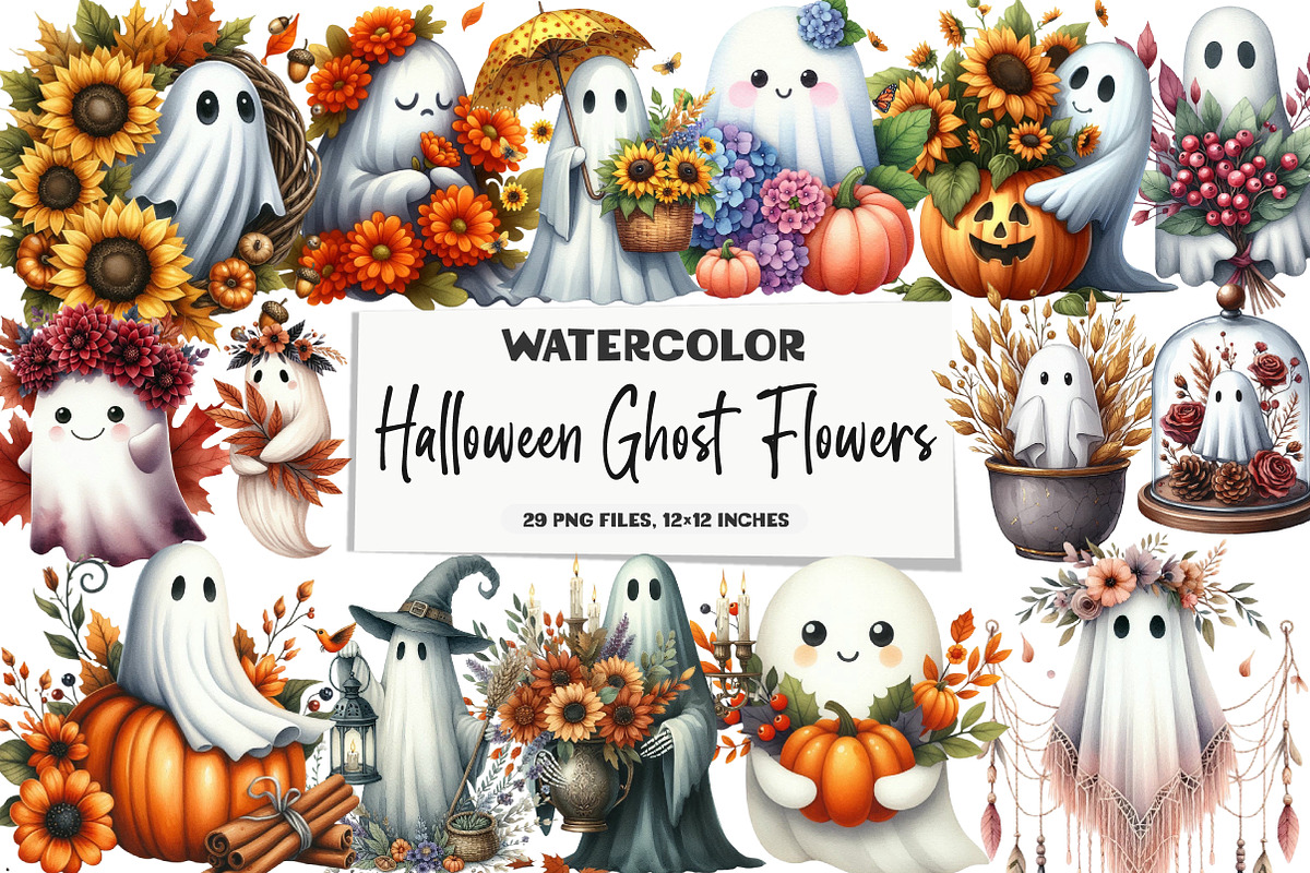 Halloween Fall Flowers Ghost Bundle, an Illustration by DreamArtGraphic (Photo 1 of 5)