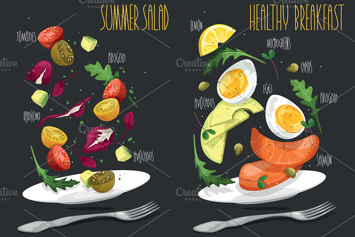 SET salad. Vector illustration, a Food Illustration by AKOMIX (Photo 7 of 9)