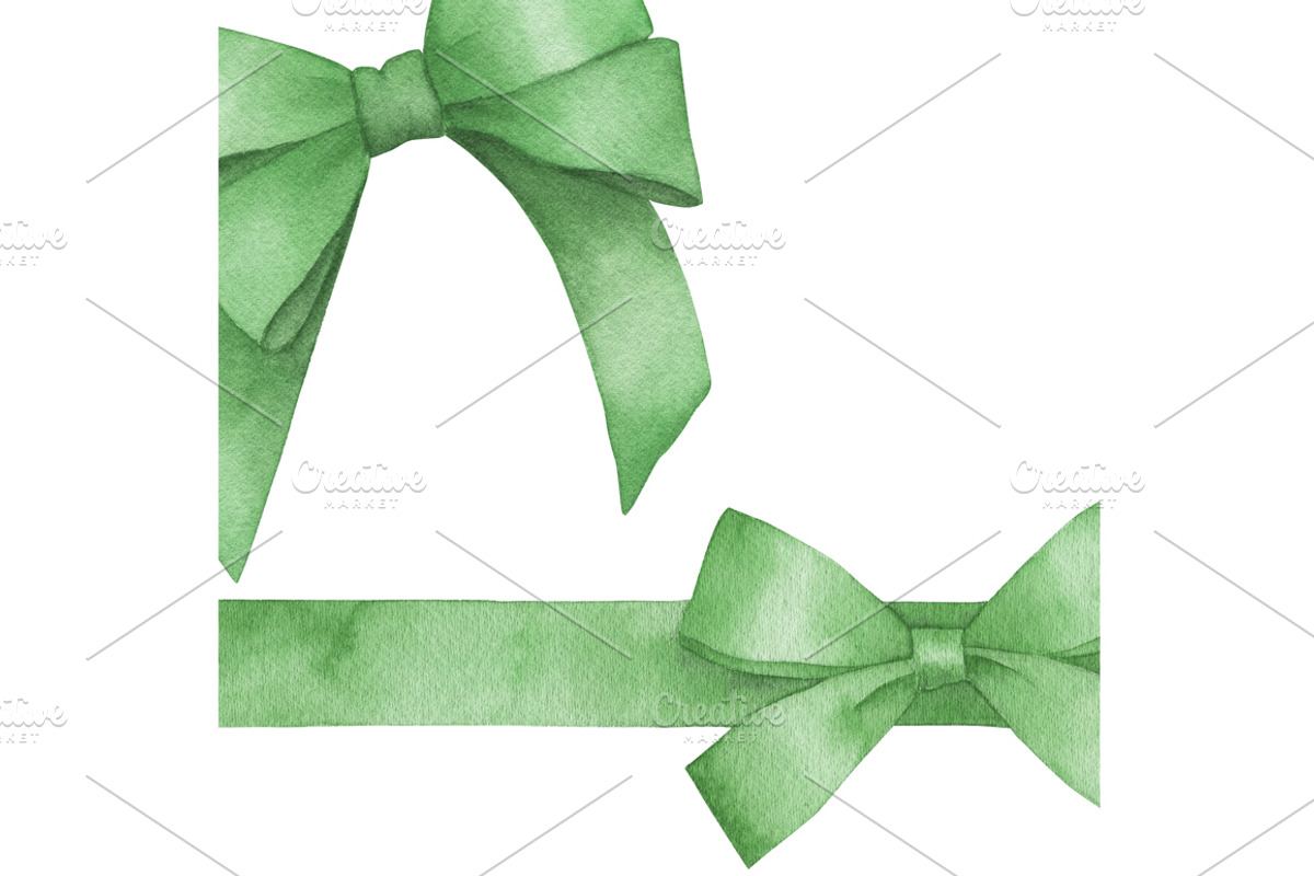 Watercolor Green Bows Collection, an Object Illustration by Natikka Art (Photo 2 of 2)