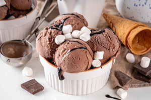 Hot chocolate ice cream with chocolate sauce and marshmallow, a Food & Drink Photo by Rimma