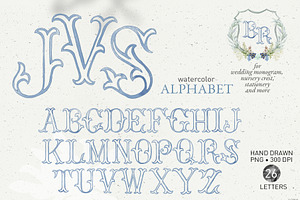 Blue monogram letters watercolor