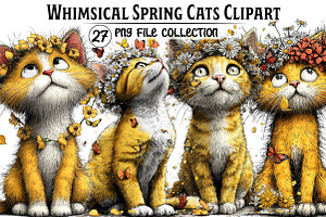 Whimsical Spring Cats Clipart, an Illustration by Dream Creation