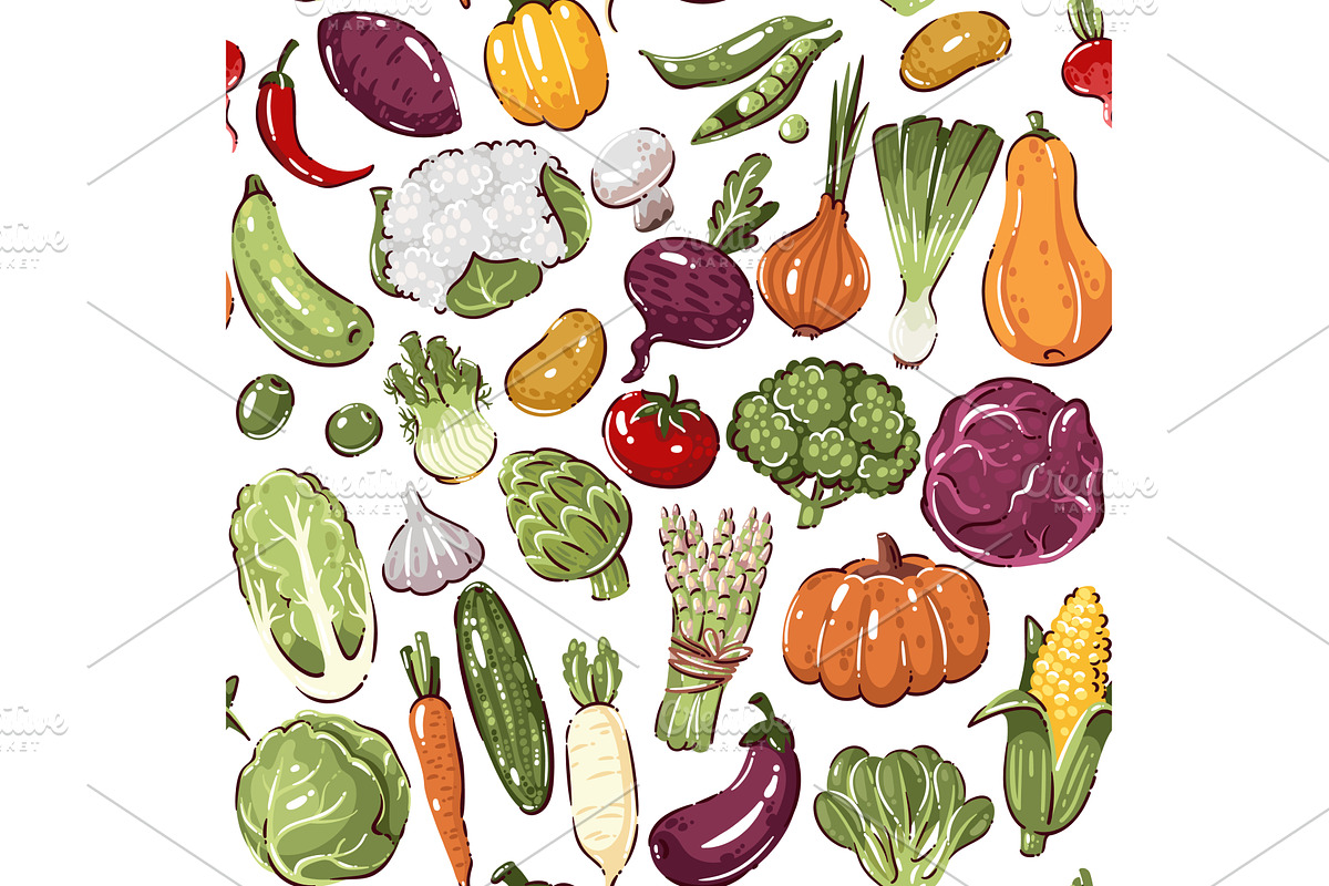 Vegetable Seamless Pattern, a Food Illustration by VictoriaSergeeva