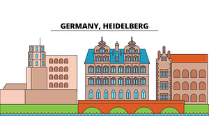 Germany, Heidelberg. City Skyline, Architecture, Buildings, Streets, Silhouette, Landscape, Panorama, Landmarks. Editable Strokes. Flat Design Line Ve