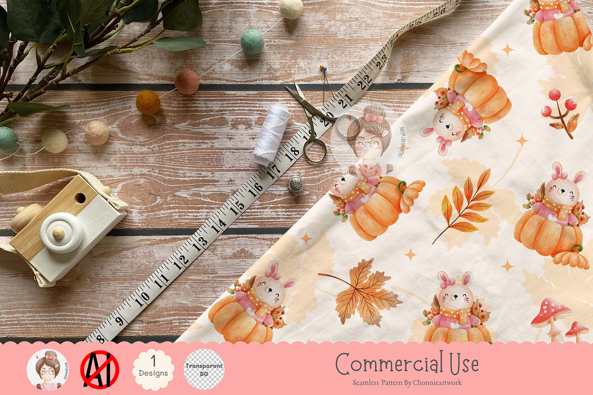 Bunny Pumpkin Seamless Pattern, a Pattern Graphic by Chonnieartwork (Photo 4 of 5)