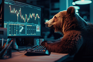 Big bear sitting near computer screen with red stock market. Bea, a Business Photo by AlyaAnd