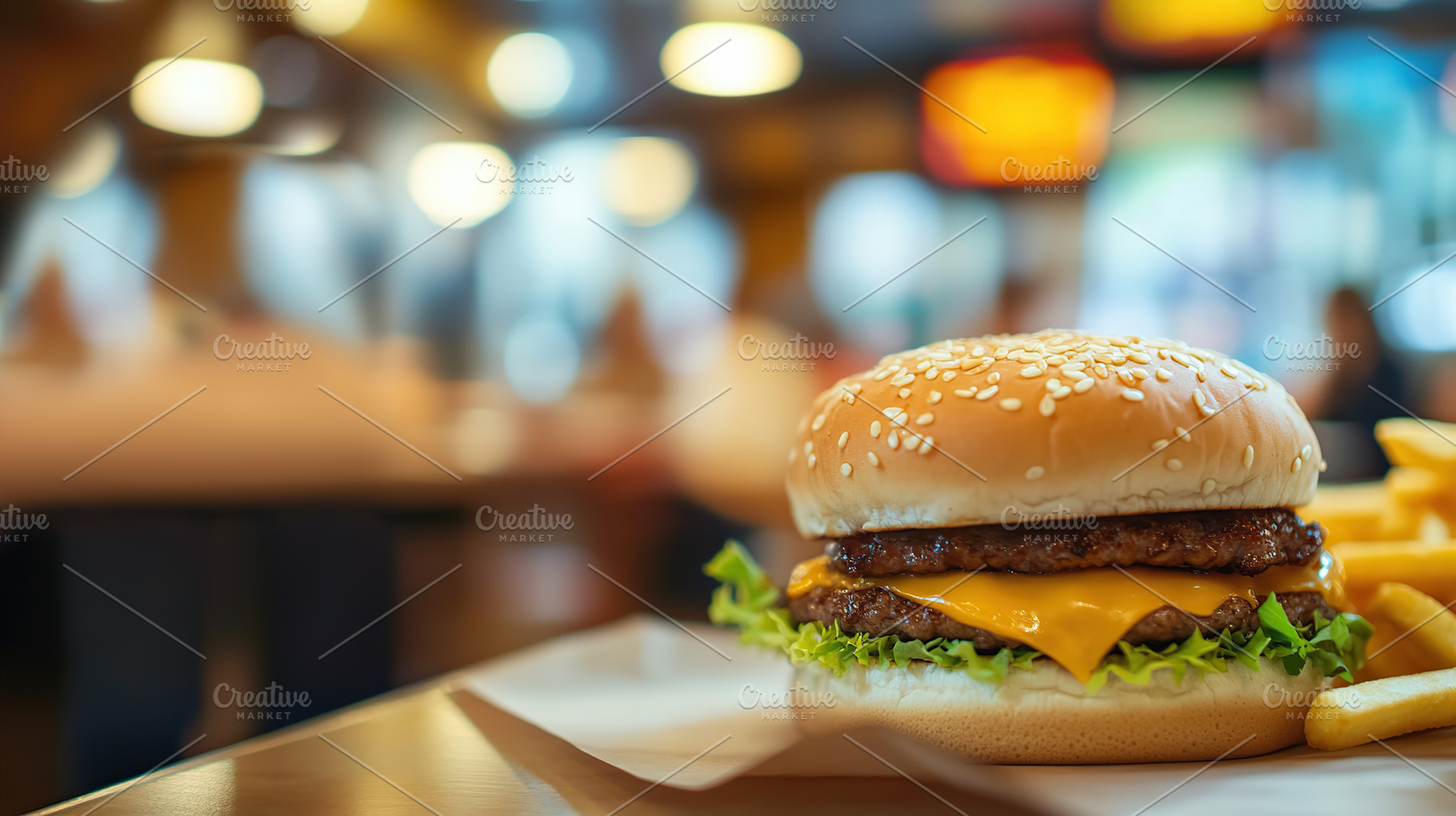 Burger with baked potatoes on blurred fast food restaurant backg, a Food & Drink Photo by AlyaAnd