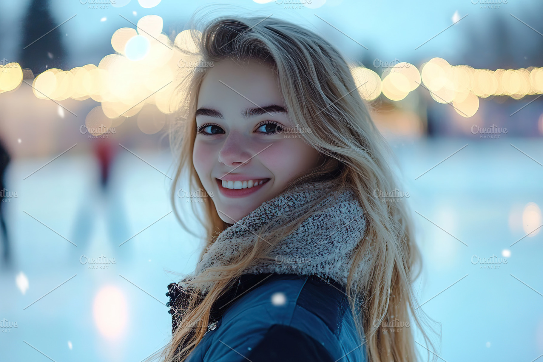 Young woman ice skating on a winter evening with festive lights, a Photo by AlyaAnd