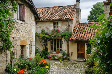 A charming rustic Country French house style with a stone facade and a tiled ro, an Architecture Photo by Textures & Backgrounds