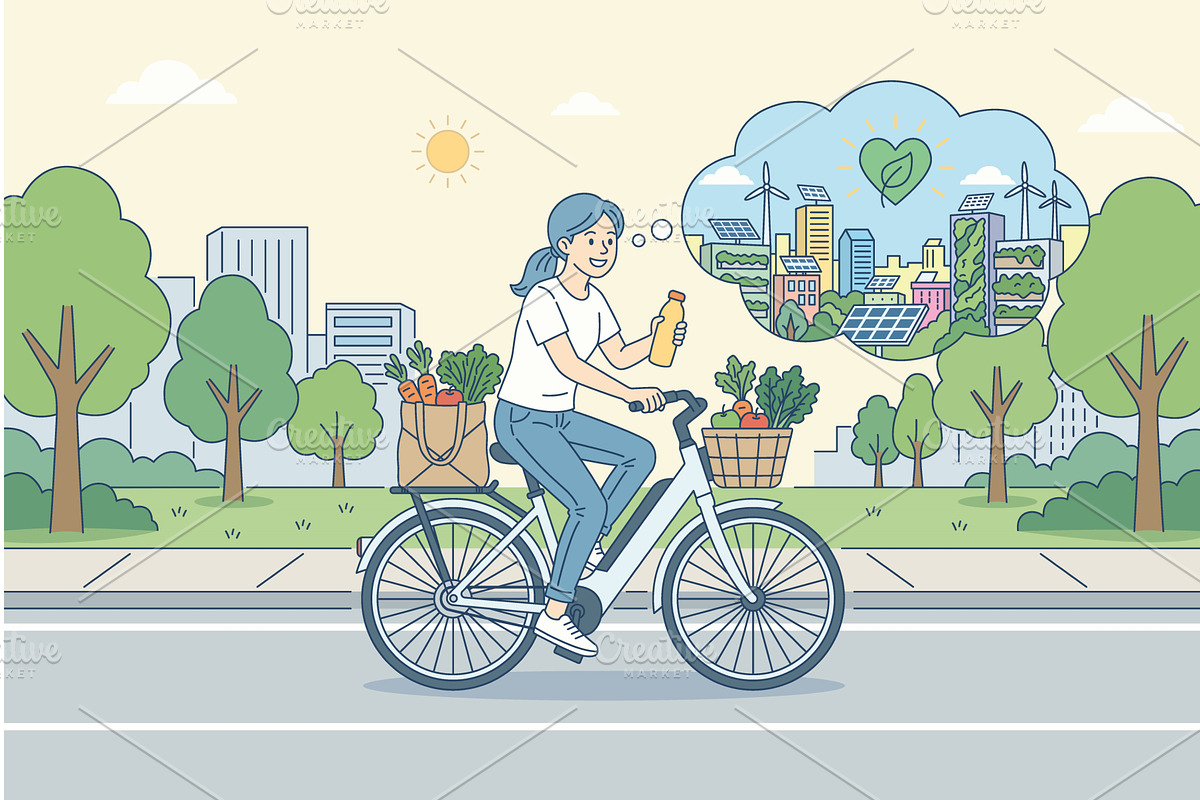 Young woman riding electric bike, an Illustration by Artsaba Family