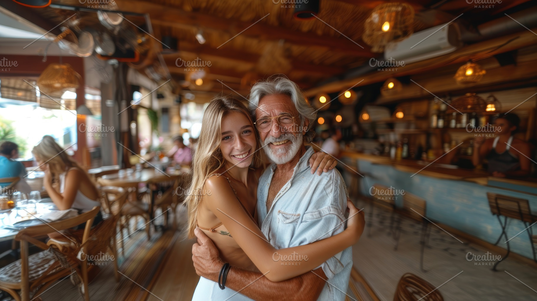 Senior Man Embracing Young Woman in a Busy Cafe, Smiling and Enjoying Quality T, a Photo by AS photostudio