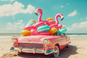 car full of floaties on the beach, generative AI, a Photo by Nito