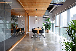 Spacious modern office with glass, an Architecture Photo by Lermont51