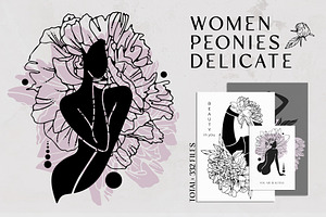 Female bodies and line art peonies