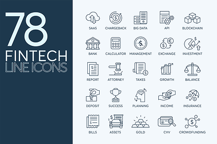 78 Fintech Line Icons, an Outline Icon by Flat Icons