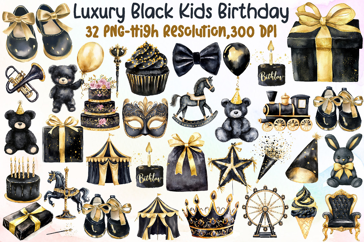 Luxury Black Kids Birthday Clipart, an Illustration by Sublimation Artist (Photo 1 of 6)