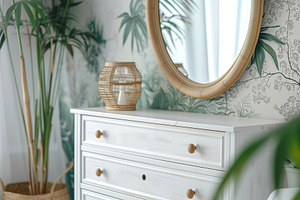 Fresh cut spring flowers in vase on chest of drawers in bedroom, a Beauty & Fashion Photo by AlyaAnd