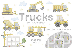 Construction Trucks Watercolor Set