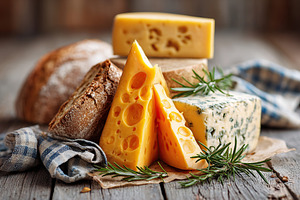 Artisan cheeses displayed attractively on a rustic wooden table with fresh herb, a Food & Drink Photo by AlyaAnd