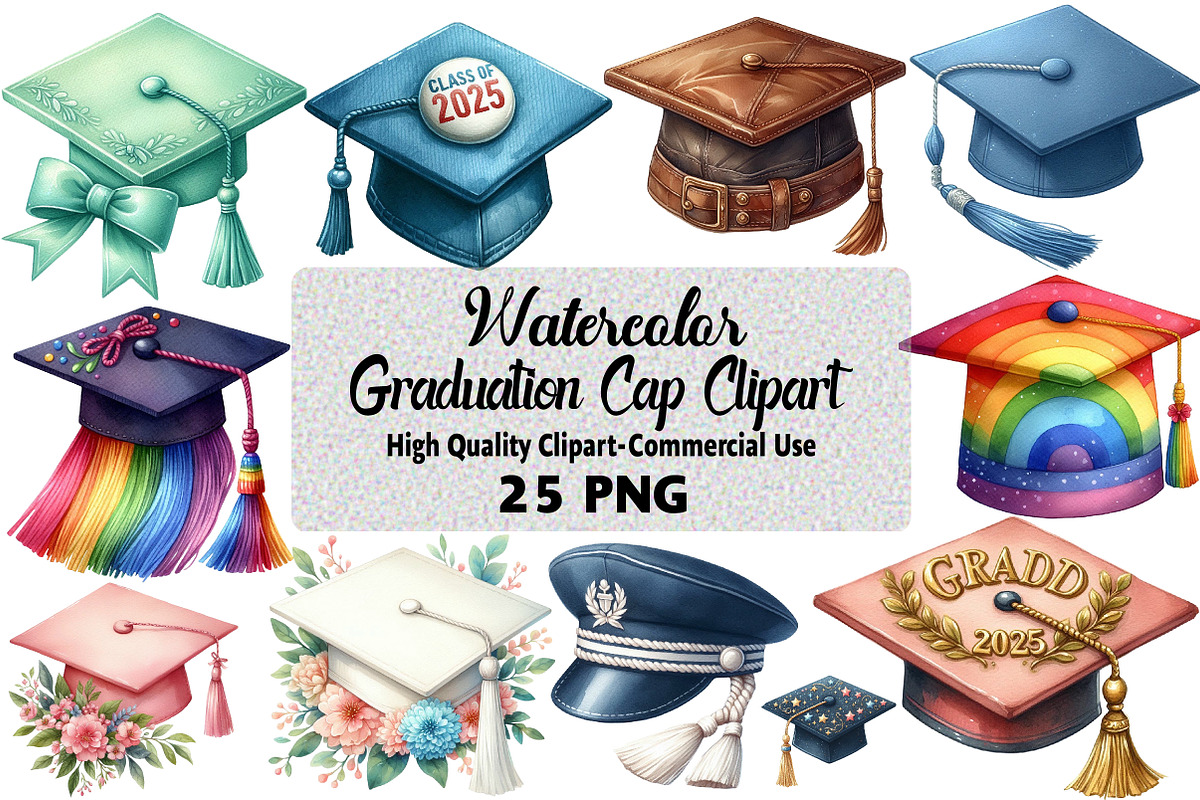 Watercolor Graduation Cap Clipart, an Illustration by Daily.Designs (Photo 1 of 5)
