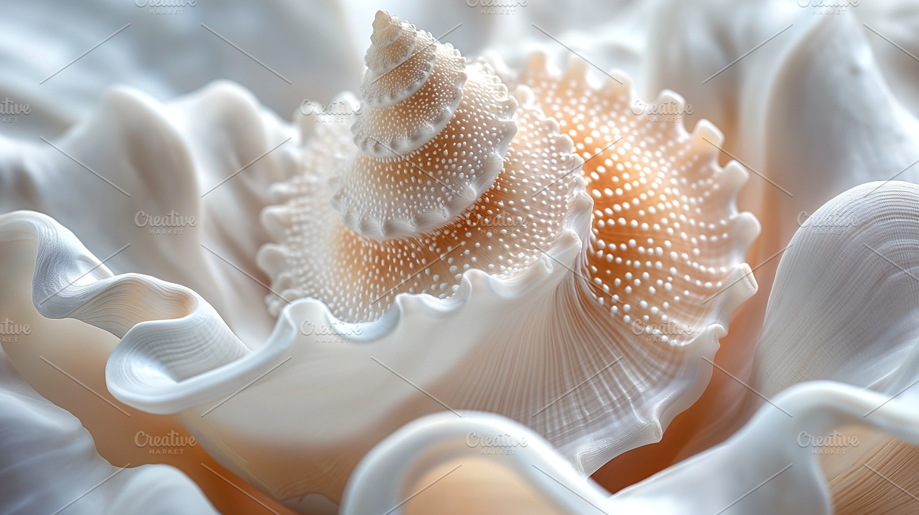 A stunning close-up of an intricate seashell nestled in soft, flowing white fab, a Background Photo by ImageMir