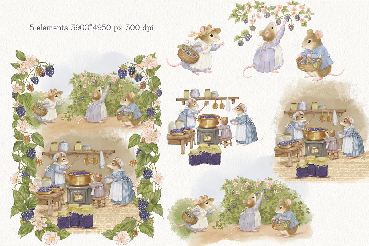 Blackberry Mice Watercolor Set, an Animal Illustration by AlenaVlasko stock Market (Photo 11 of 11)