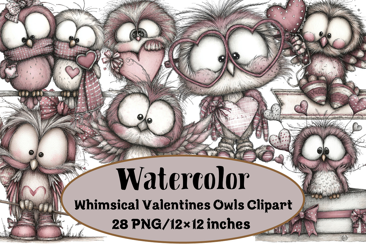 Whimsical Valentines Owls Clipart, an Illustration by Design Market (Photo 1 of 3)